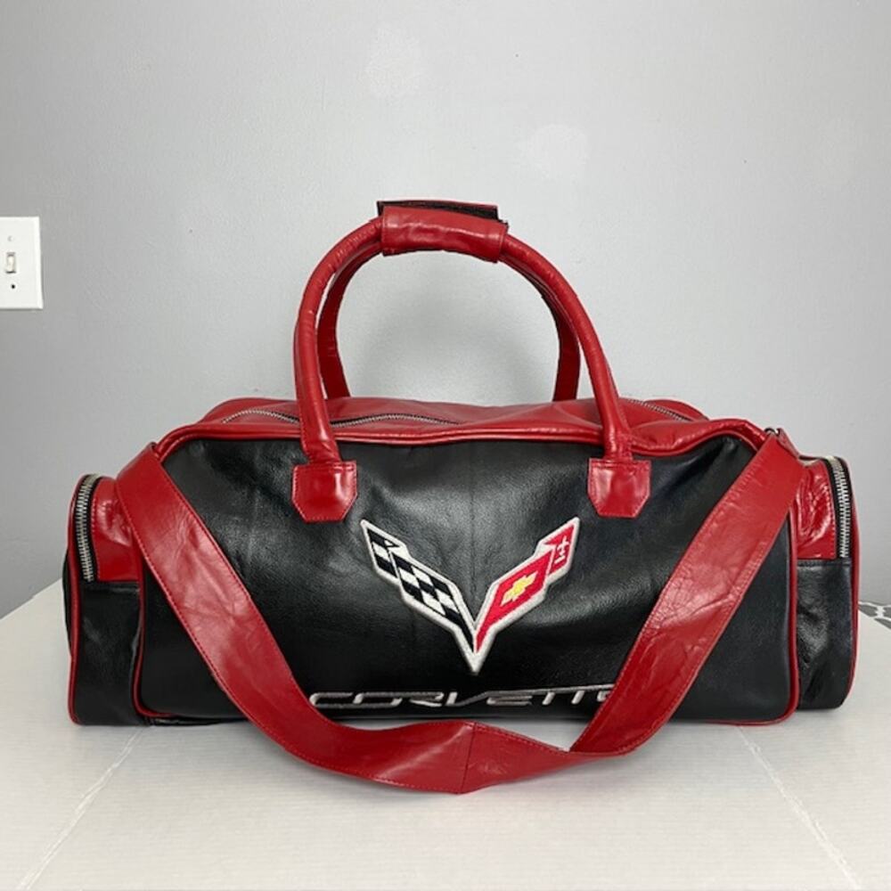 Corvette Duffle Bag Red Black Leather Travel Gym Weekend Carryall